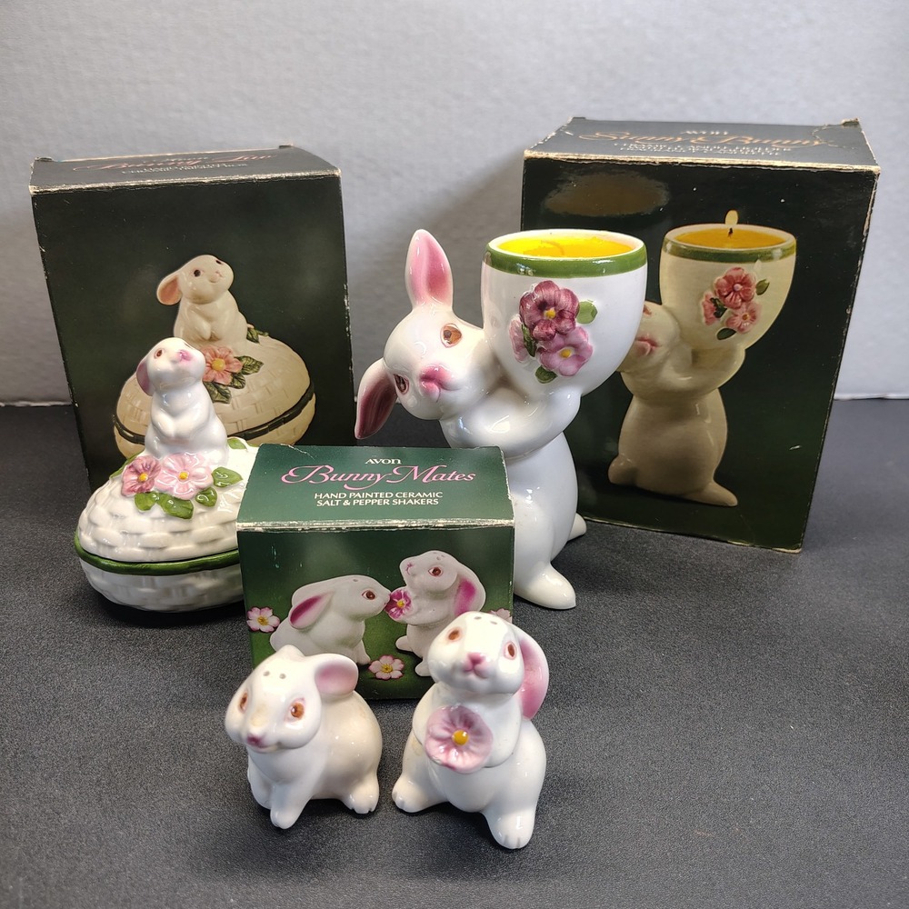 Vintage Avon Bunny lot Salt Pepper Shakers, Candle & trinket box